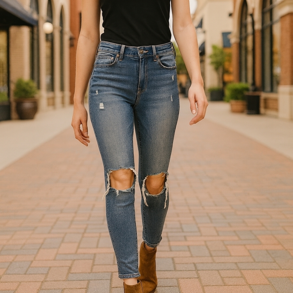 Size 4 American Eagle Women's Distressed Blue High Rise Skinny Jeans Casual